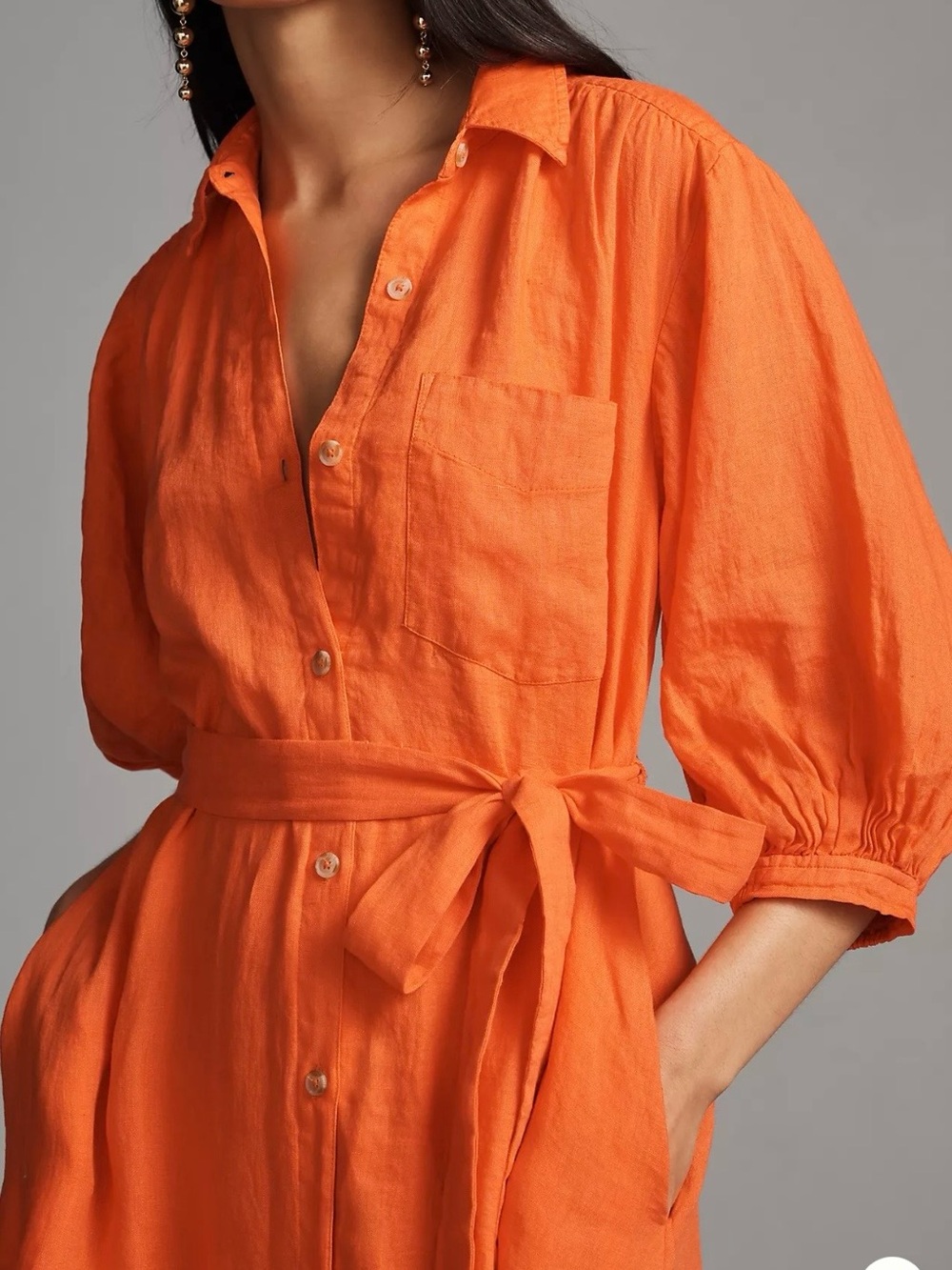 Maeve linen Tie-Waist Midi Shirt Dress in Vibrant Orange